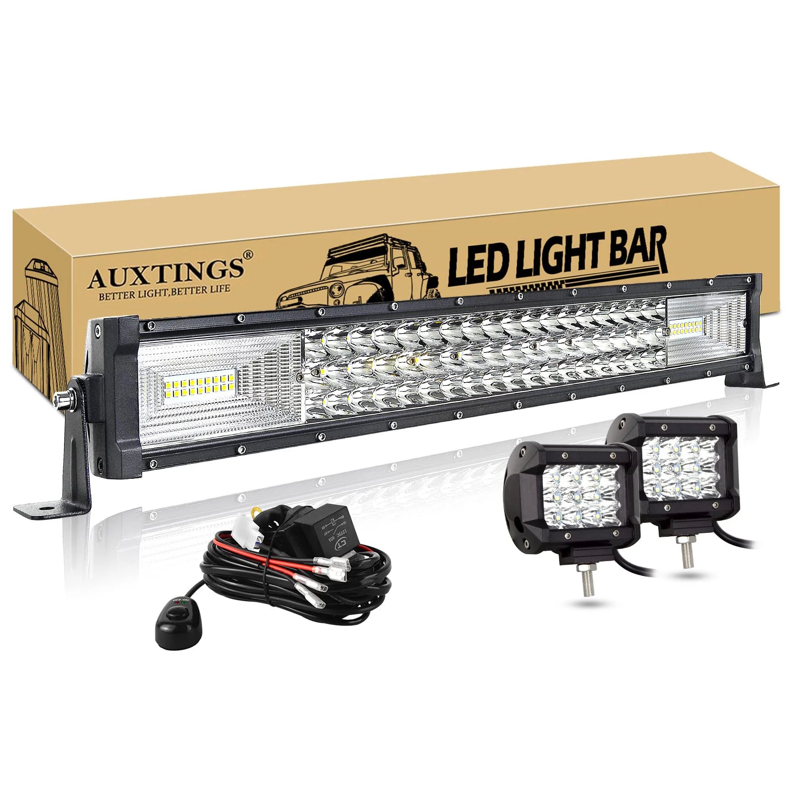7D 22- 52in 270W-675W Off Road LED Light Bar with 2x36W Work Light Wire Kit 12V 24V Led Bar for Car Jeep Truck 4x4 ATV Boat