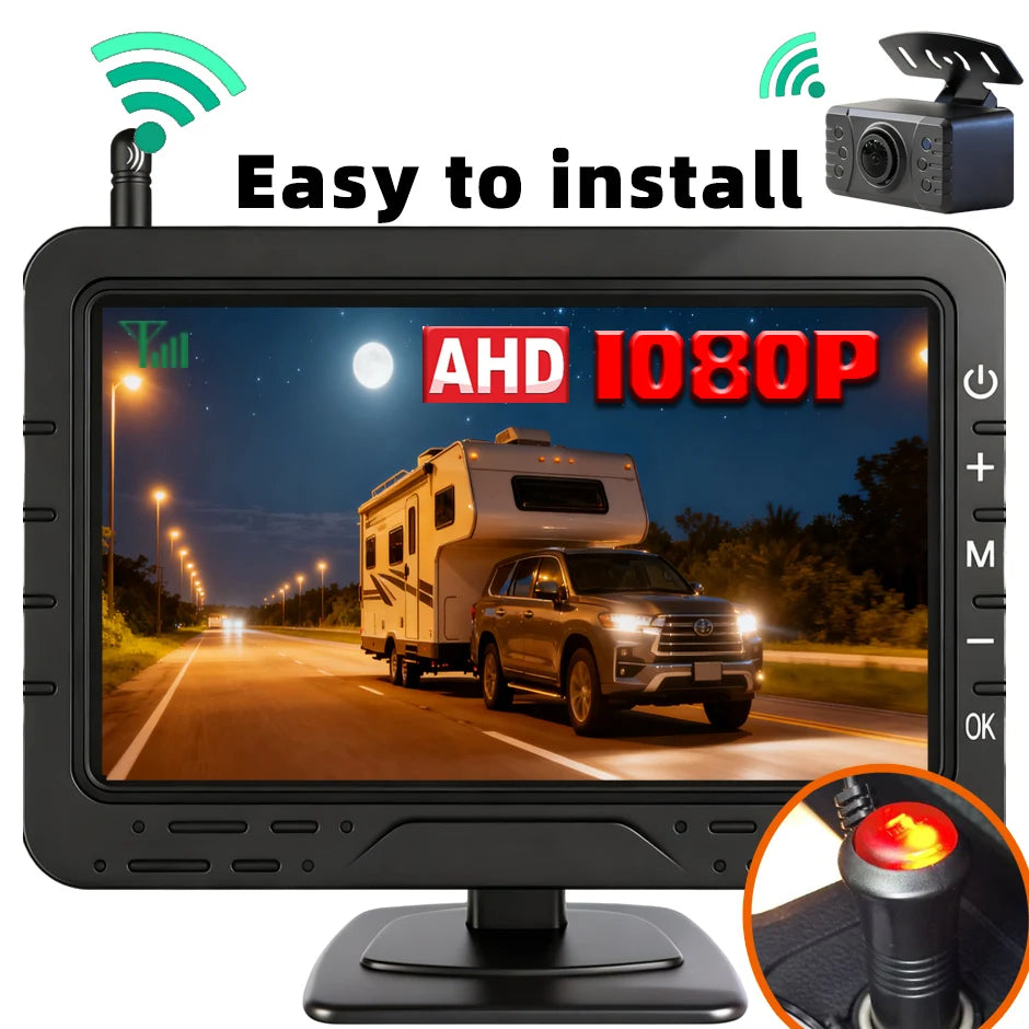 Wireless 4.3 Inch Car Parking Monitor AHD1080P IR Reverse Backup Camera for Vehitle Pickups/RV/Trailer/Camper Car Easy Install