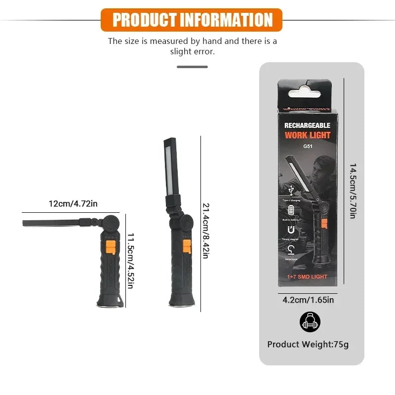 Rechargeable LED Flashlight Work Light with Magnet & Hook, Waterproof for Job Site Security Night Work Outdoor Camping Emergency