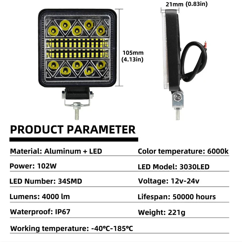 1pcs 102W Lightbar Spotlight Offroad LED Work Light Bar 3030 LED 34SMD Square For Tractor SUV Truck Driving Fog Lamp