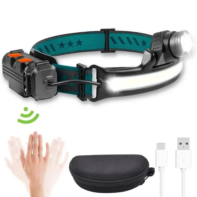Powerful LED+COB Headlights USB Rechargeable Safety Warning Induction Flashlight Headlights Waterproof Running Lighting