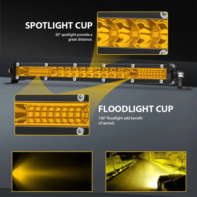 Slim 10'' 20'' LED Light Bar Off Road 4x4 LED Bar 12V 24V Yellow Spot Flood Combo Driving Work Lamp For Jeep Lada Niva ATV SUV