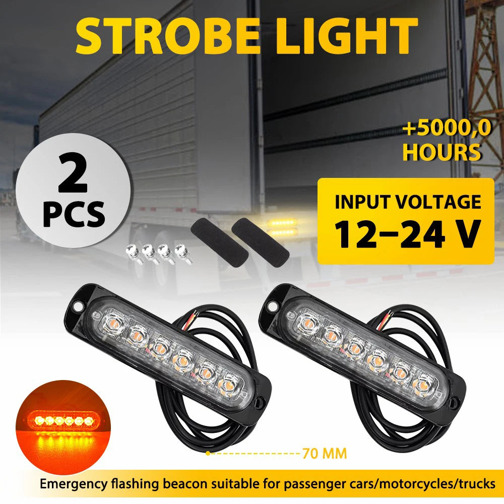 2Pcs Amber 6 LED Strobe Flash Lights Lamps Bars For Car Motorcycle Truck DRL 12V 24V Emergency Flashing Beacon Warning Light