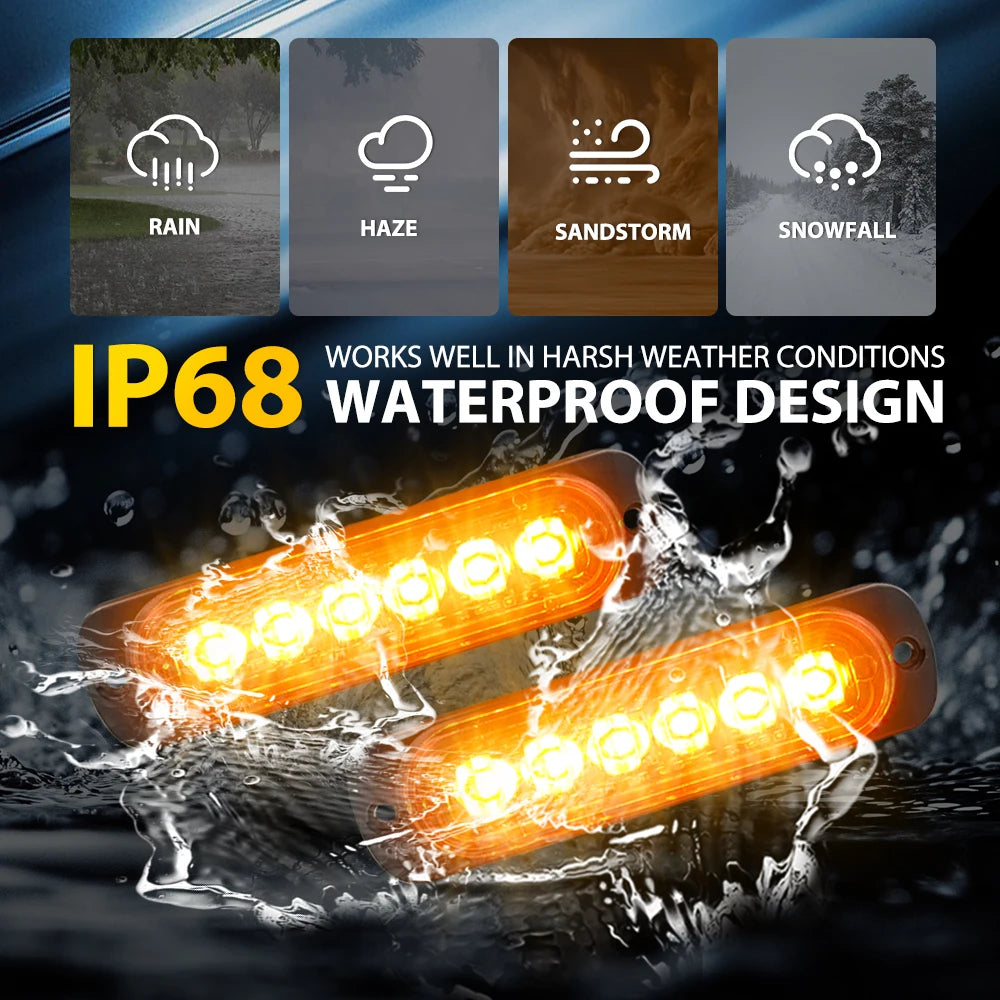 2Pcs Amber 6 LED Strobe Flash Lights Lamps Bars For Car Motorcycle Truck DRL 12V 24V Emergency Flashing Beacon Warning Light