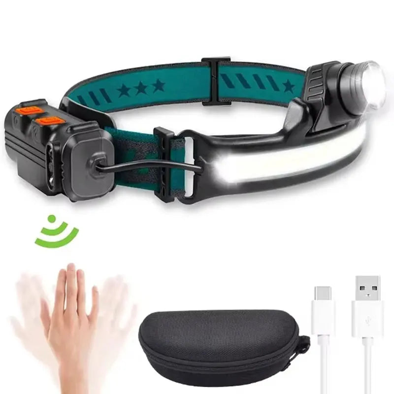 Powerful LED+COB Headlights USB Rechargeable Safety Warning Induction Flashlight Headlights Waterproof Running Lighting