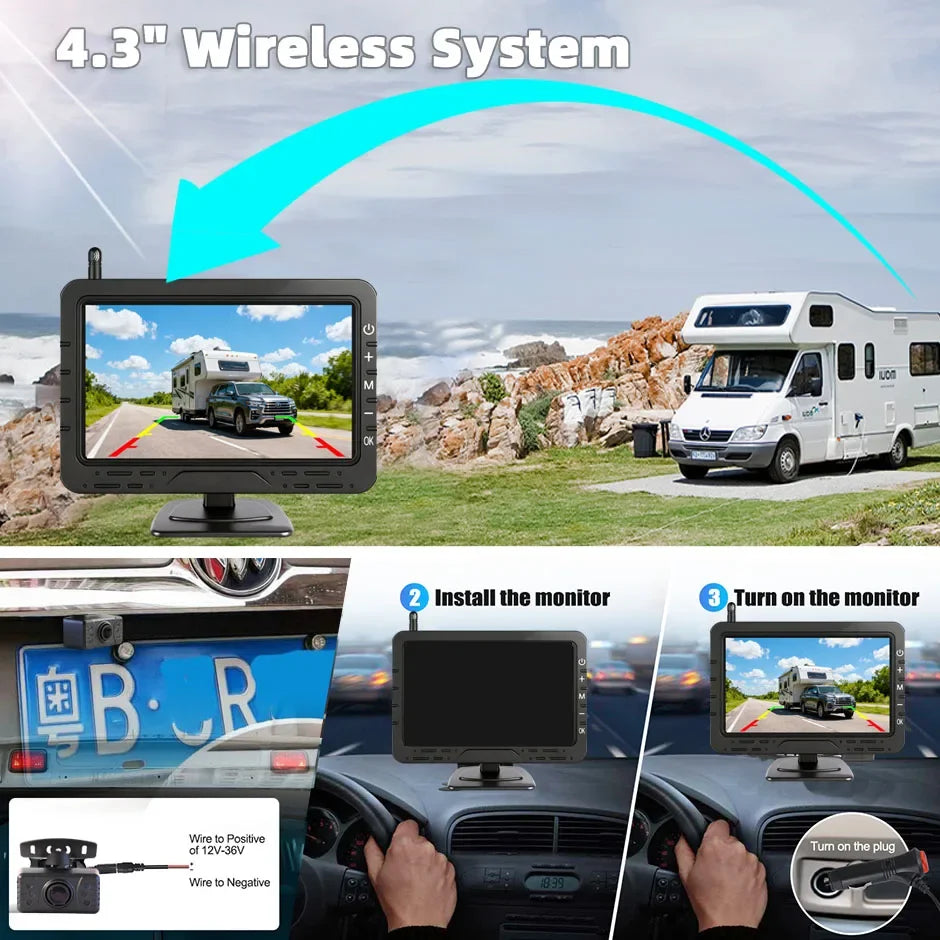 Wireless 4.3 Inch Car Parking Monitor AHD1080P IR Reverse Backup Camera for Vehitle Pickups/RV/Trailer/Camper Car Easy Install