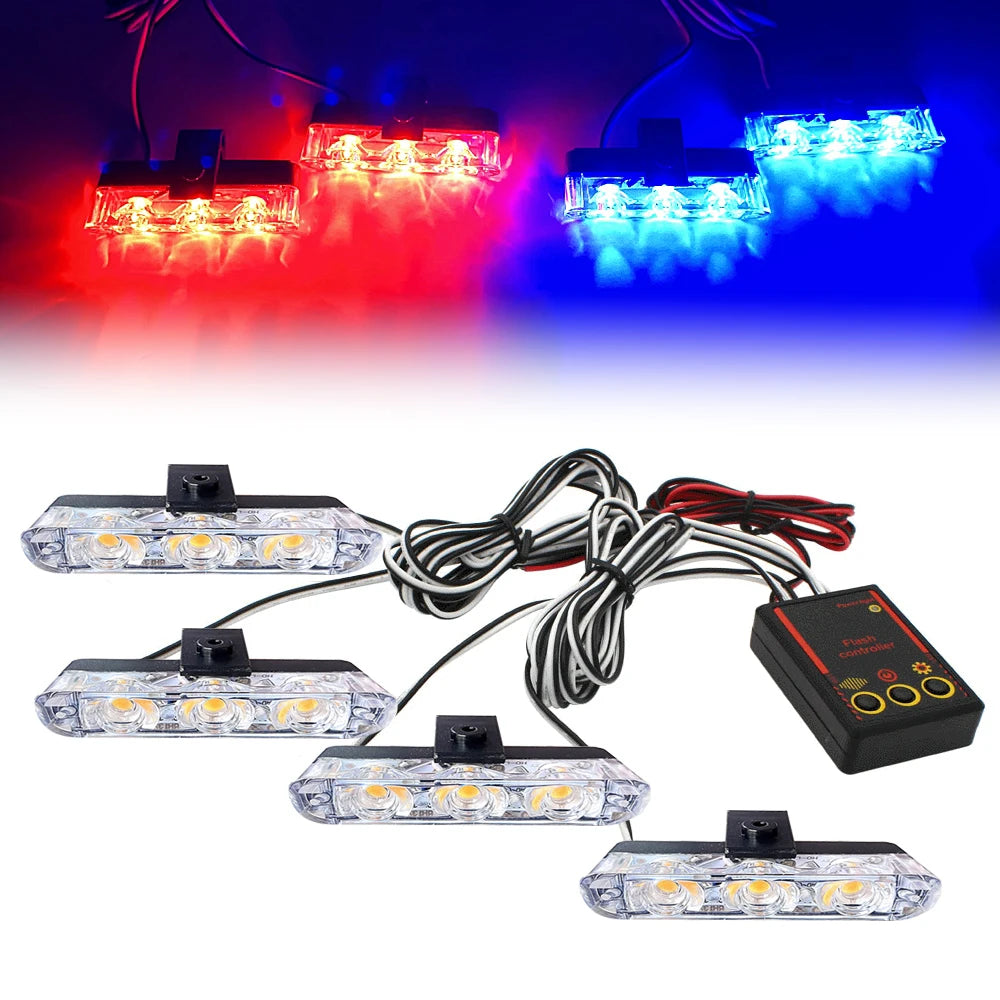 12V Car Grille Strobe Light Head 4x3 LED Mini Flash lamp Daytime running lights LED Emergency Signal Lights Beacon