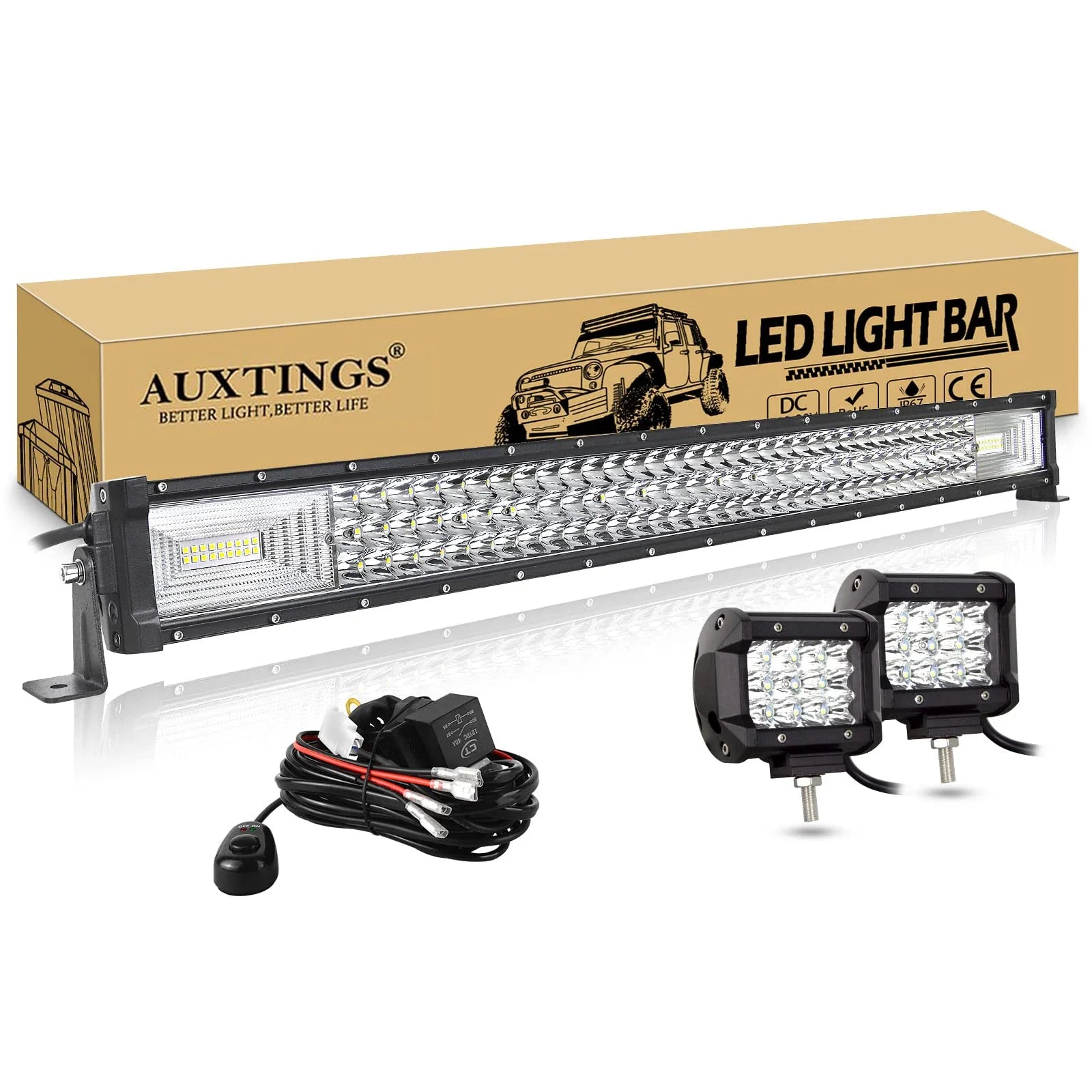 7D 22- 52in 270W-675W Off Road LED Light Bar with 2x36W Work Light Wire Kit 12V 24V Led Bar for Car Jeep Truck 4x4 ATV Boat