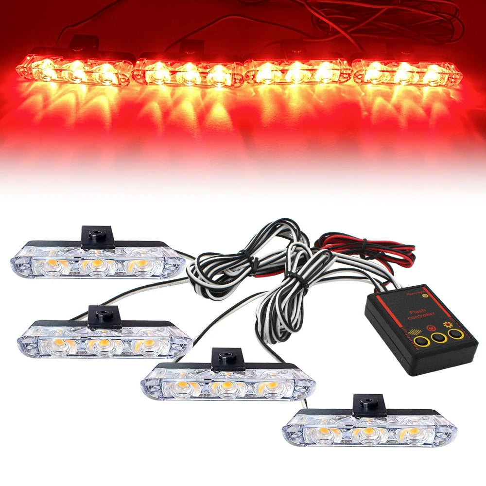 12V Car Grille Strobe Light Head 4x3 LED Mini Flash lamp Daytime running lights LED Emergency Signal Lights Beacon