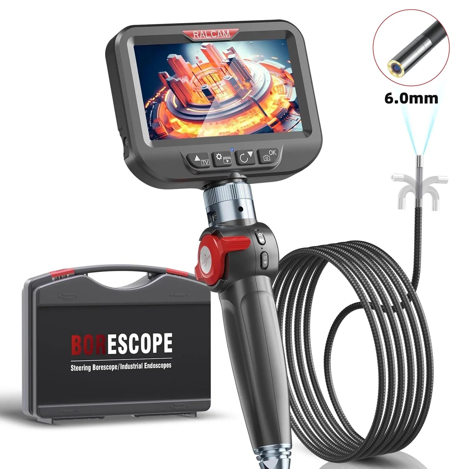 Ralcam Articulating Borescope 2-Way 180° Endoscope 3.9mm Inspection Camera 5.0" Scree Pipe Camera 10 LED Lights Semi Rigid Cable