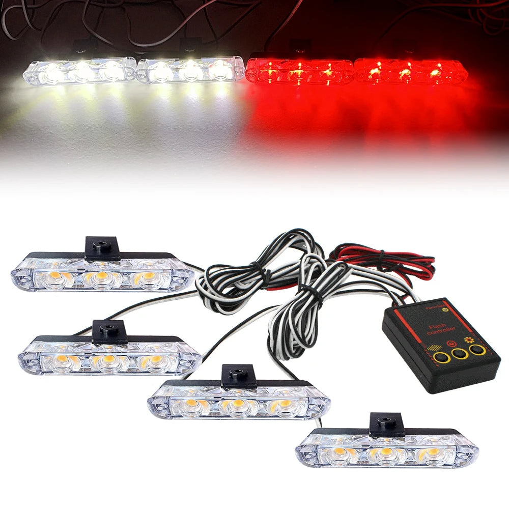 12V Car Grille Strobe Light Head 4x3 LED Mini Flash lamp Daytime running lights LED Emergency Signal Lights Beacon