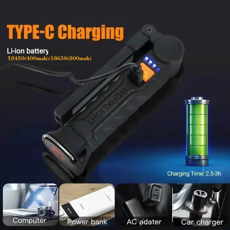 Rechargeable LED Flashlight Work Light with Magnet & Hook, Waterproof for Job Site Security Night Work Outdoor Camping Emergency