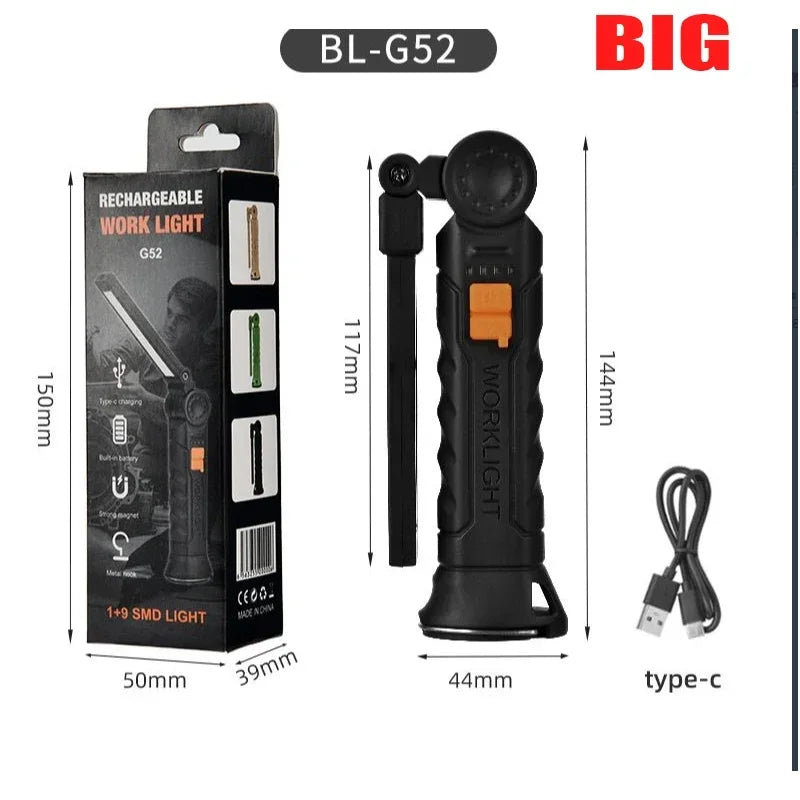 Rechargeable LED Flashlight Work Light with Magnet & Hook, Waterproof for Job Site Security Night Work Outdoor Camping Emergency