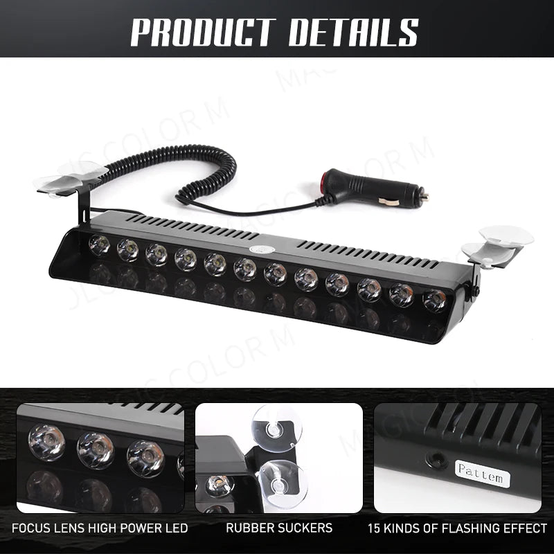 12 LED Car Strobe Light Flash Warning Signal Beacon Traffic Fireman Bright Windshield  Trailer Vehicle Indicators Waterproof 12V