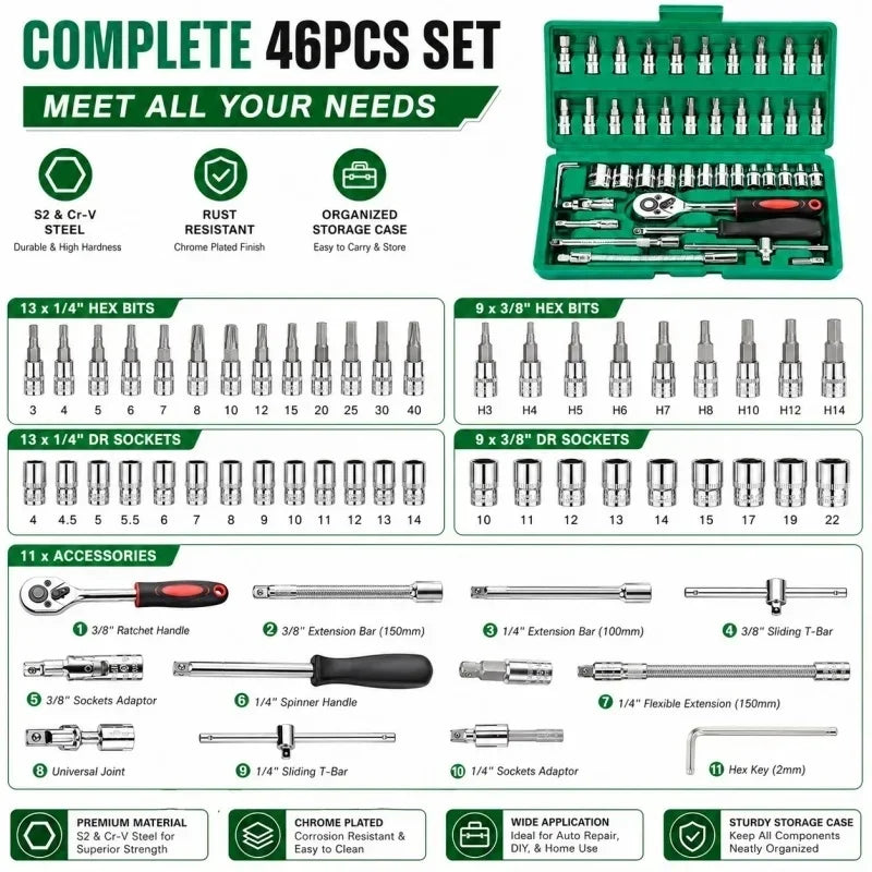 46Pcs Family Tools 1/4 Set Mechanic Tool Kits for Auto Repair Hous with Sockets Metric Hex Bit Socket Set inch Ratchet Wrench
