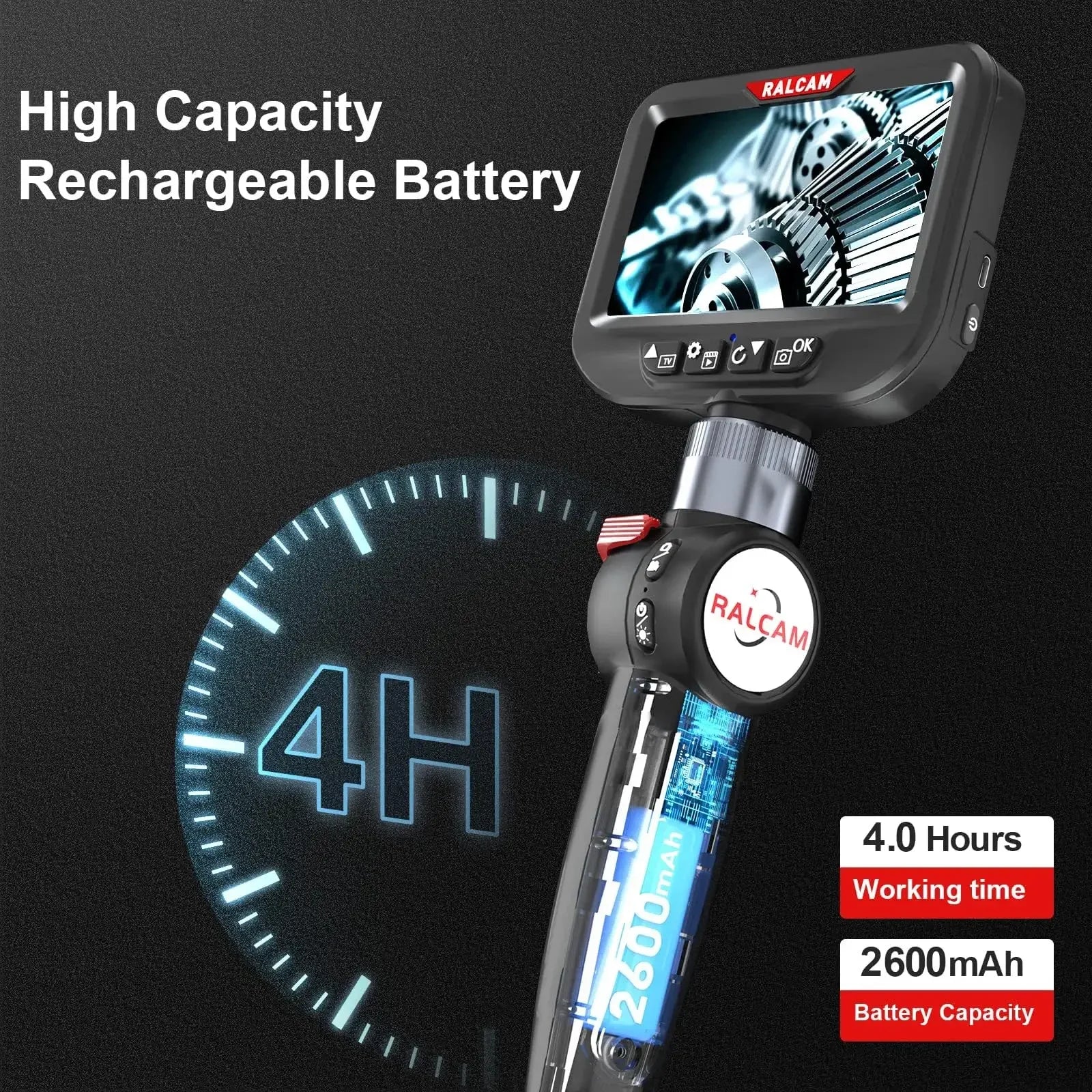 Ralcam Articulating Borescope 2-Way 180° Endoscope 3.9mm Inspection Camera 5.0" Scree Pipe Camera 10 LED Lights Semi Rigid Cable