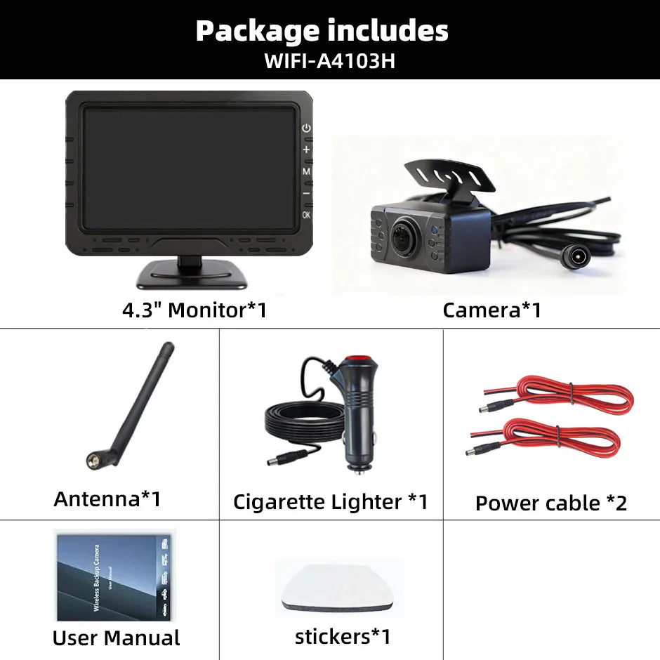 Wireless 4.3 Inch Car Parking Monitor AHD1080P IR Reverse Backup Camera for Vehitle Pickups/RV/Trailer/Camper Car Easy Install