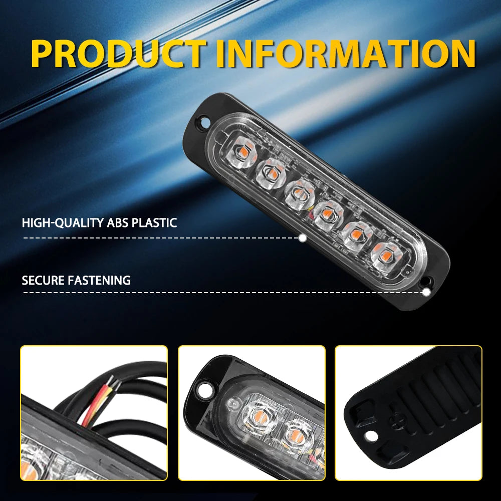 2Pcs Amber 6 LED Strobe Flash Lights Lamps Bars For Car Motorcycle Truck DRL 12V 24V Emergency Flashing Beacon Warning Light