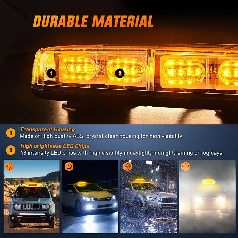 48LED Magnetic Rotating Flash Beacon Strobe Warning Light Roof Top Emergency Signal Lamps Car Flashing Lights Amber White