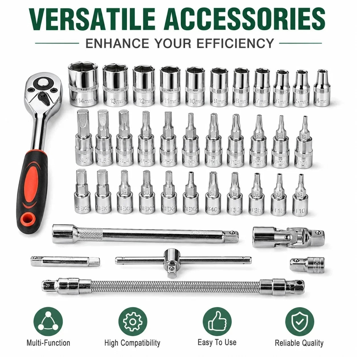 46Pcs Family Tools 1/4 Set Mechanic Tool Kits for Auto Repair Hous with Sockets Metric Hex Bit Socket Set inch Ratchet Wrench