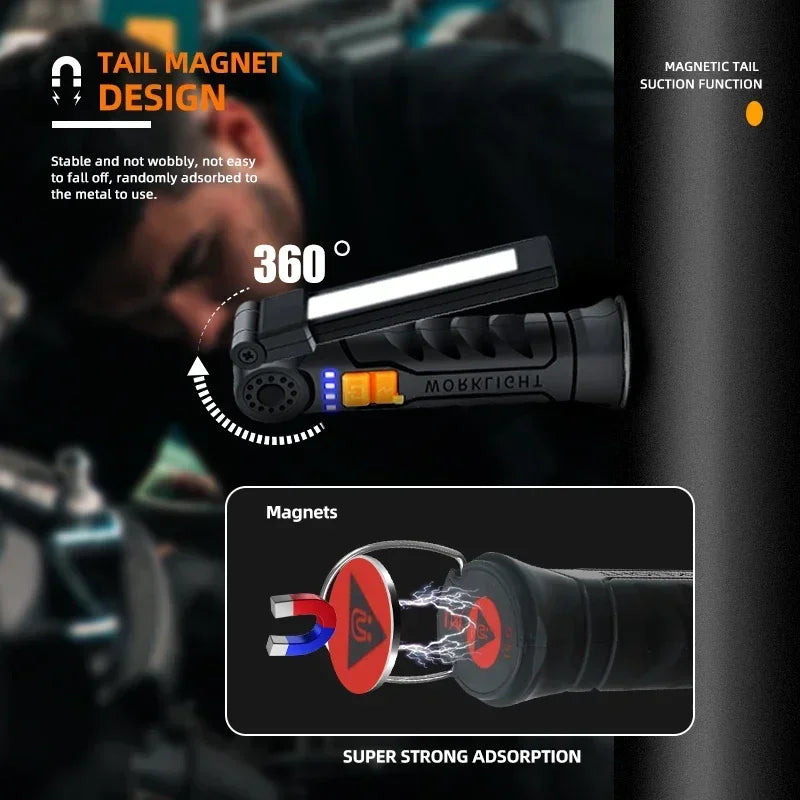 Rechargeable LED Flashlight Work Light with Magnet & Hook, Waterproof for Job Site Security Night Work Outdoor Camping Emergency