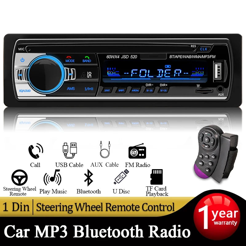 Car Radio 1 din Stereo Multimedia MP3 Player Digital Bluetooth FM ISO Power Aux Input USB Bluetooth Universal Autoradio