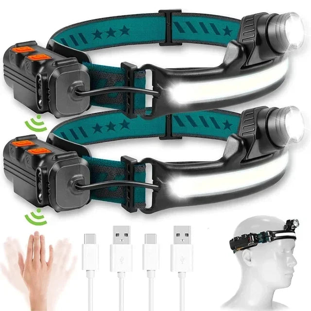 Powerful LED+COB Headlights USB Rechargeable Safety Warning Induction Flashlight Headlights Waterproof Running Lighting