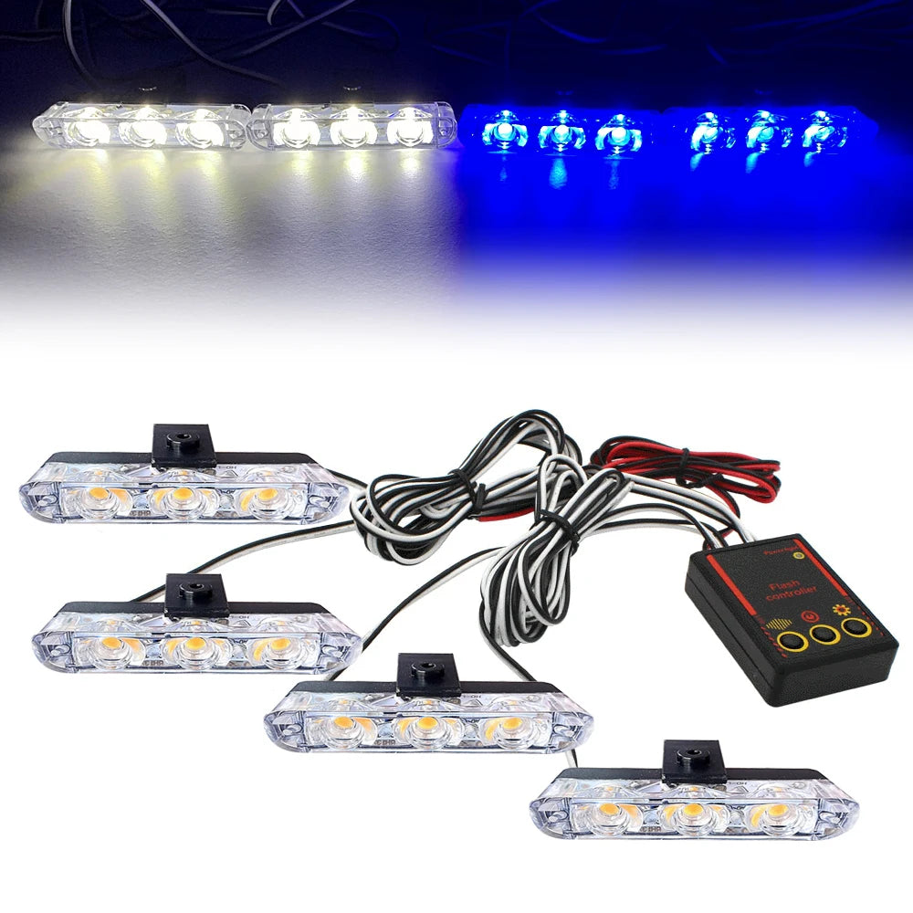 12V Car Grille Strobe Light Head 4x3 LED Mini Flash lamp Daytime running lights LED Emergency Signal Lights Beacon