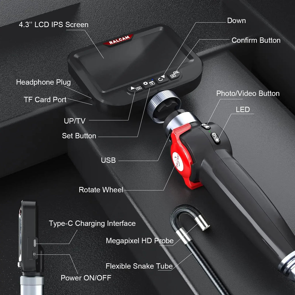 Ralcam Articulating Borescope 2-Way 180° Endoscope 3.9mm Inspection Camera 5.0" Scree Pipe Camera 10 LED Lights Semi Rigid Cable