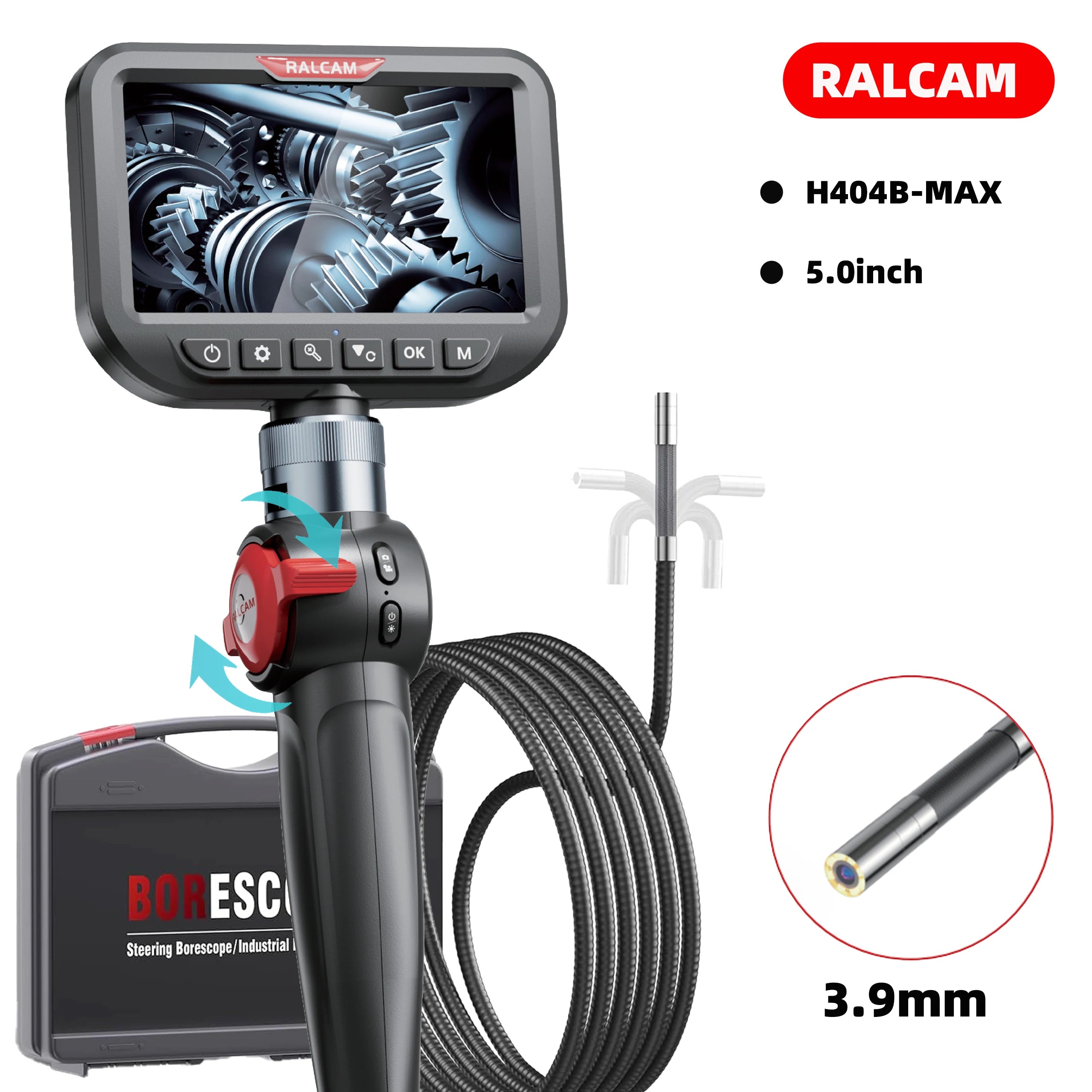 Ralcam Articulating Borescope 2-Way 180° Endoscope 3.9mm Inspection Camera 5.0" Scree Pipe Camera 10 LED Lights Semi Rigid Cable