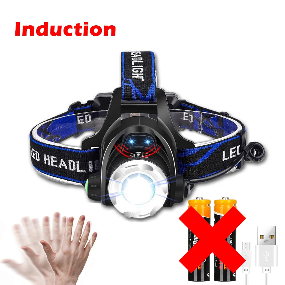 Powerful LED Induction Headlamp USB/DC Rechargeable Headlight Aluminium Alloy Outdoor Waterproof Head Lamp High Lumen Head Torch