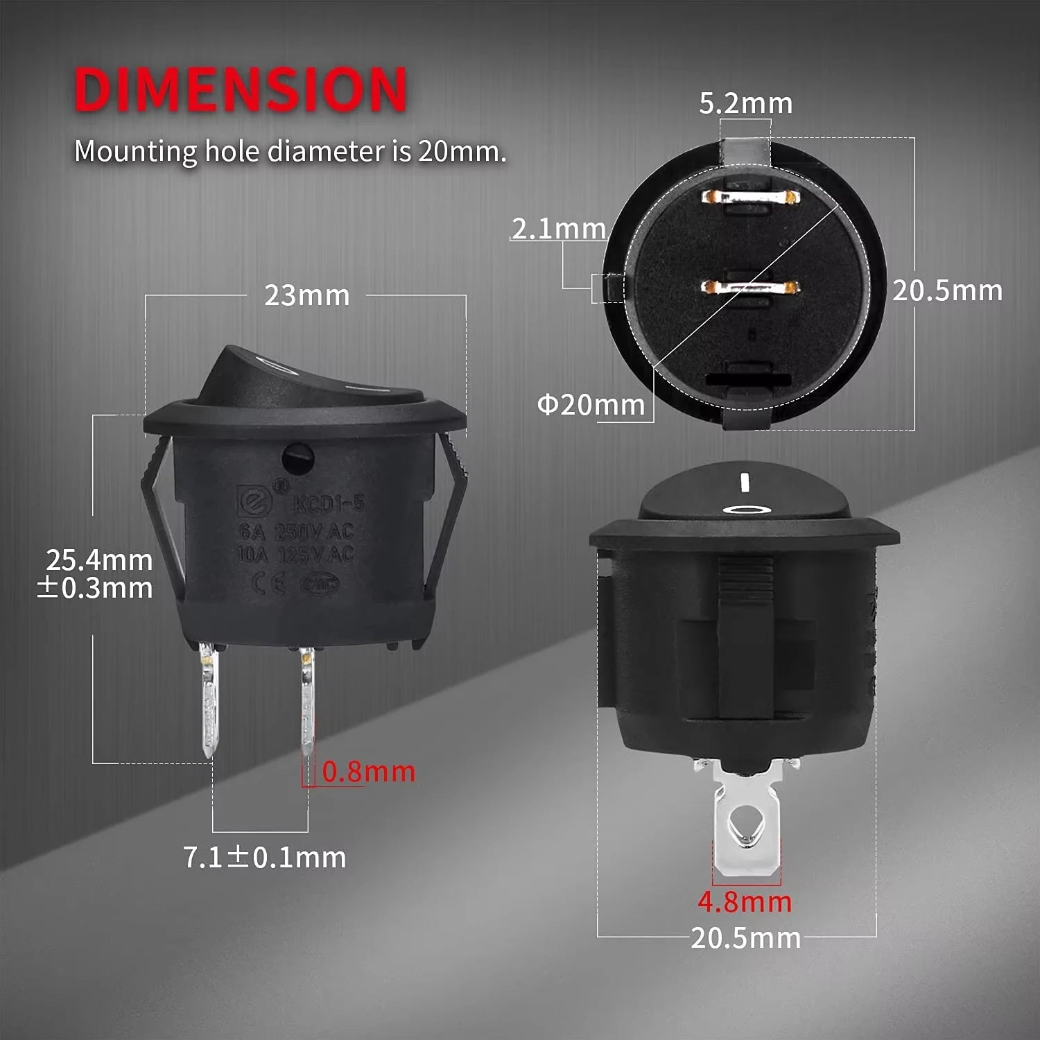 ON/Off Round Rocker Switch 12V 20mm SPST 2 Pin/Position Mini Toggle Switch Waterproof Snap-in Circle Switches for RV Car Truck