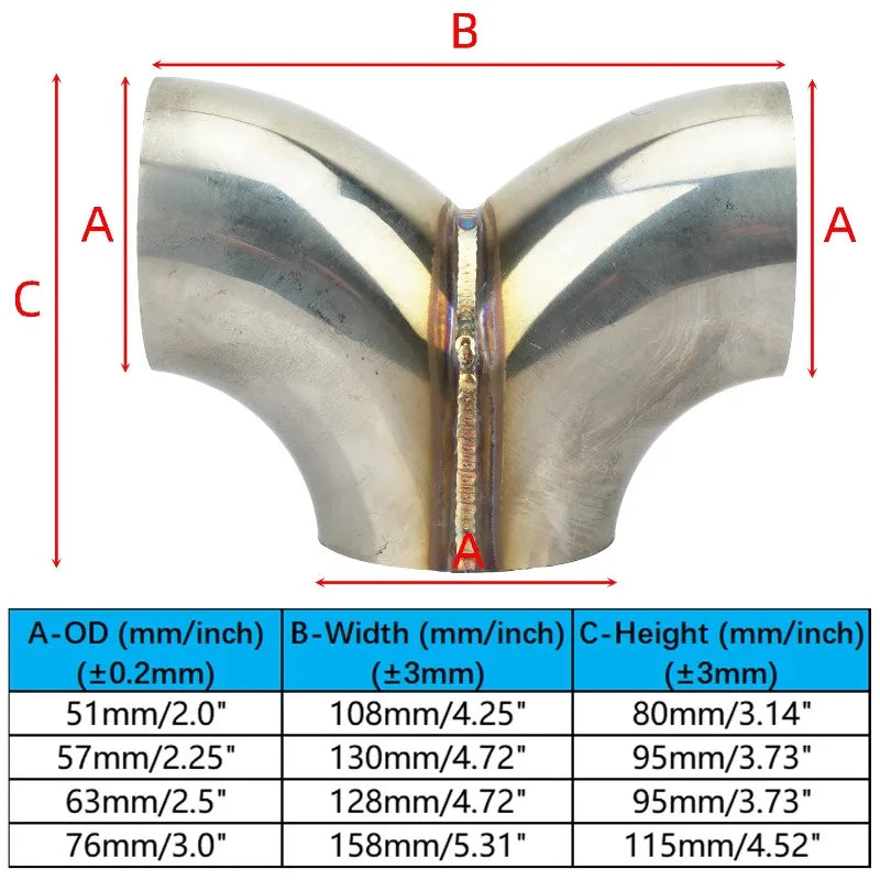 2/2.25/2.5/3.0inch Exhaust Y Shape Connector Joint Pipe Tube Stainless Steel 51/57/70/76mm Exhuast Adapter Coupler Connection