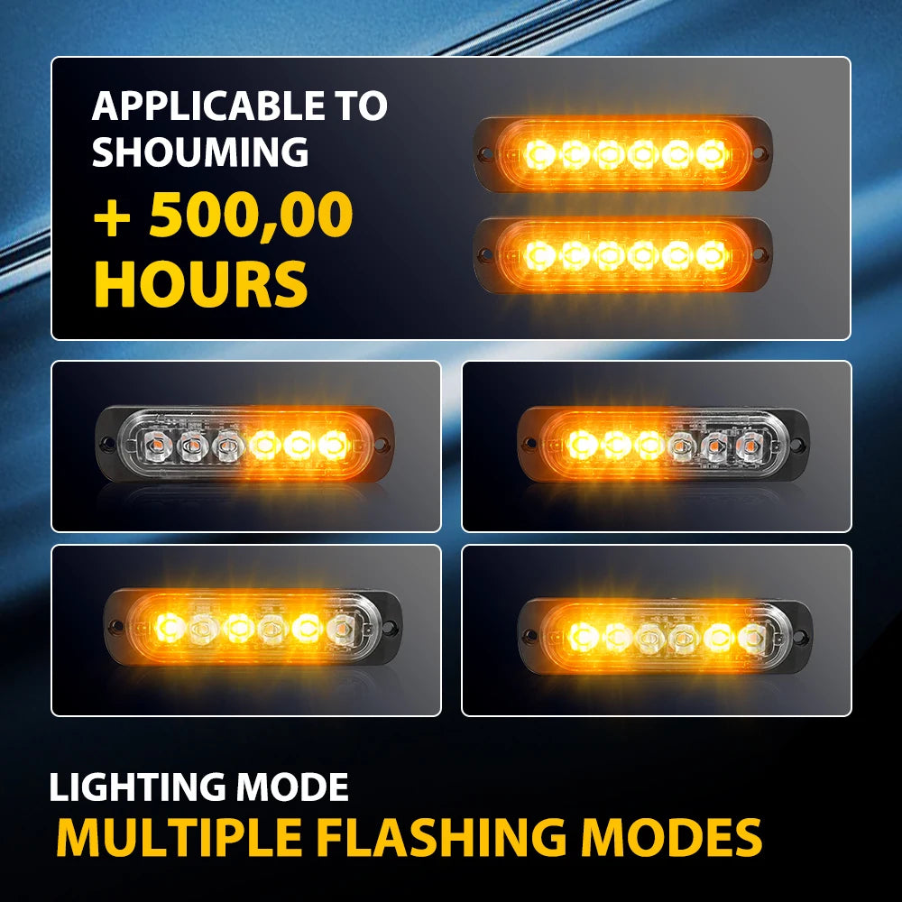 2Pcs Amber 6 LED Strobe Flash Lights Lamps Bars For Car Motorcycle Truck DRL 12V 24V Emergency Flashing Beacon Warning Light