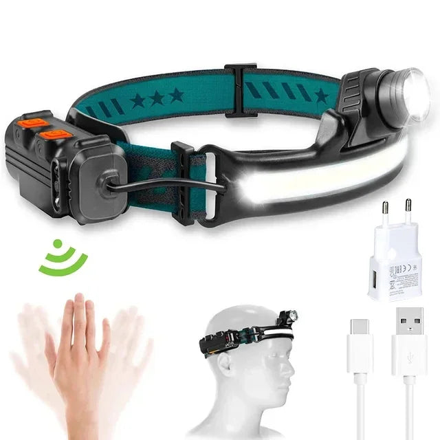 Powerful LED+COB Headlights USB Rechargeable Safety Warning Induction Flashlight Headlights Waterproof Running Lighting